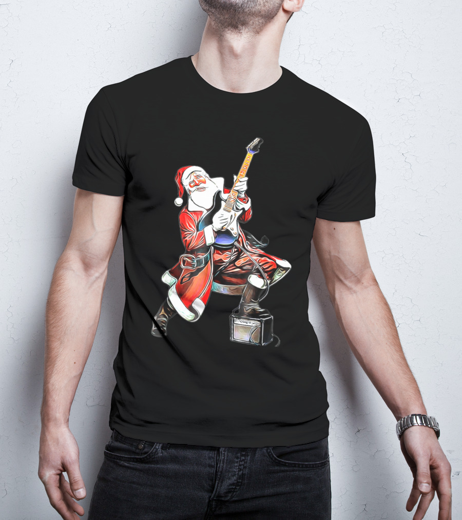 Funny Christmas Rock N Roll Santa Playing Guitar T-Shirt