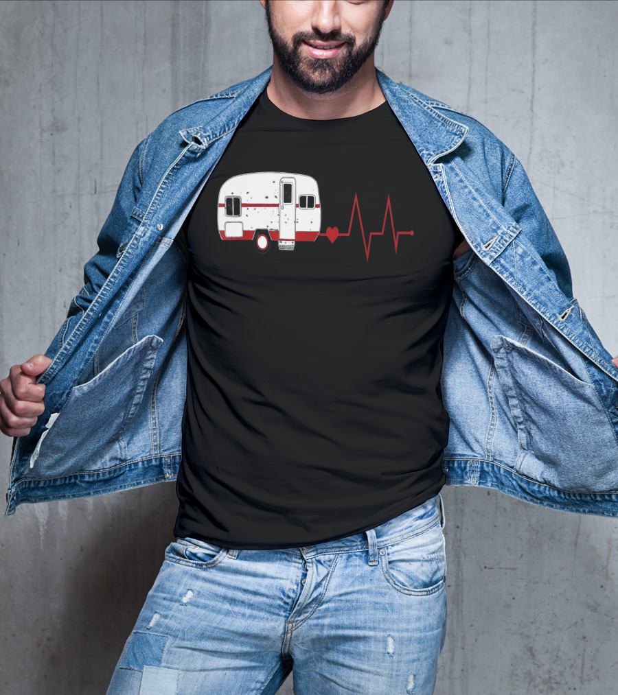 Funny Valentine's Day Camping Women Girls Heartbeat Camper T-Shirt