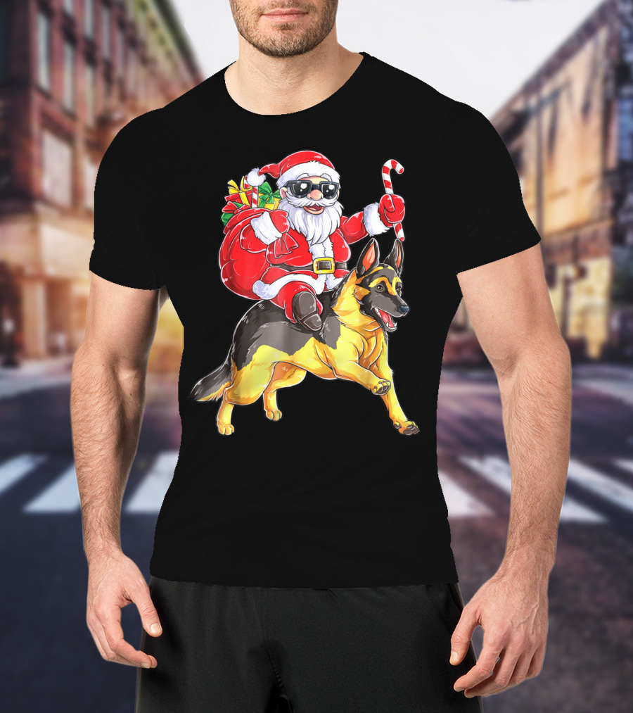 German Shepherd Woofmas With Santa Claus And Candy Cane T-Shirt