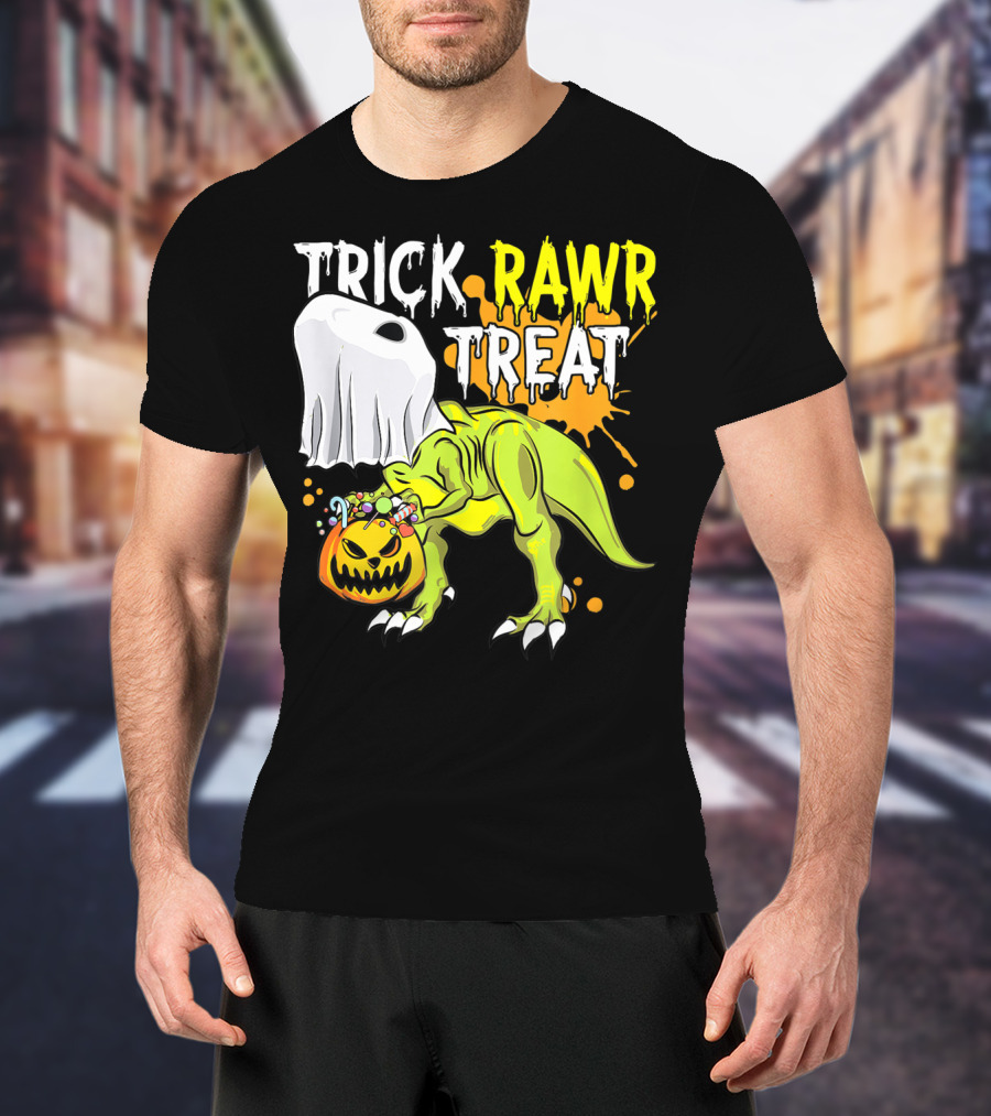 Trick Rawr Treat Halloween Dinosaur Ghost Pumpkin Boys T-Shirt