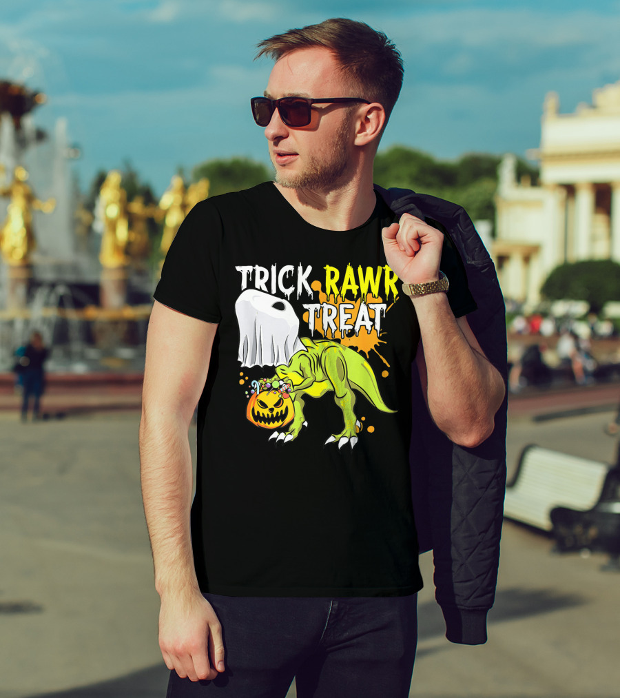 Trick Rawr Treat Halloween Dinosaur Ghost Pumpkin Boys T-Shirt