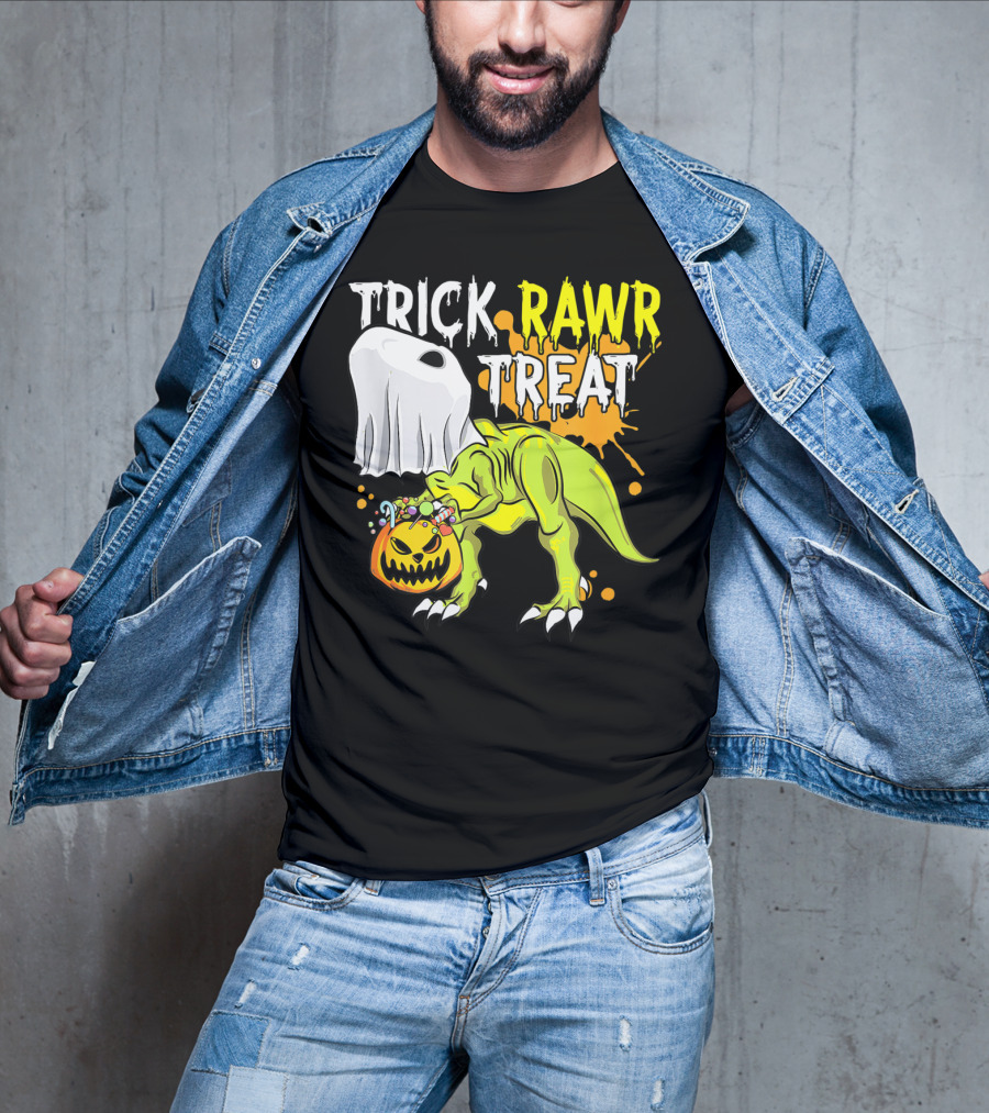 Trick Rawr Treat Halloween Dinosaur Ghost Pumpkin Boys T-Shirt