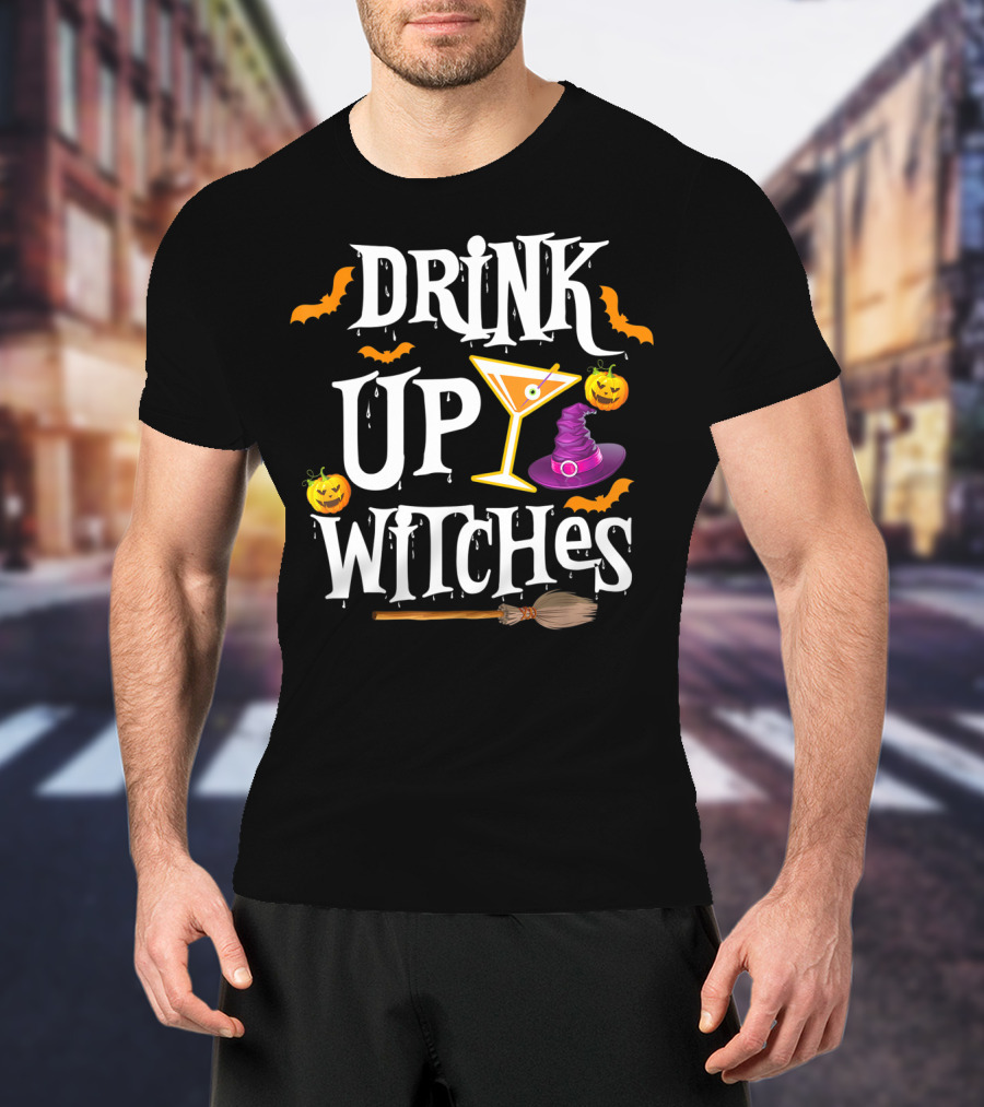 Drink Up Witches Halloween Costume Women Wine Hat Broom Martini T-Shirt