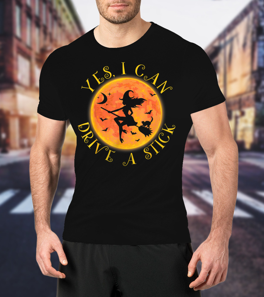 Yes I Can Drive A Stick Halloween Witch Costume Moon Bats T-Shirt