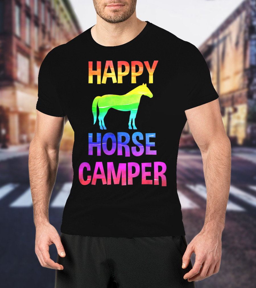 Happy Horse Camper Summer Camp Day Sleep Away Horseback Ride Rainbow T-Shirt
