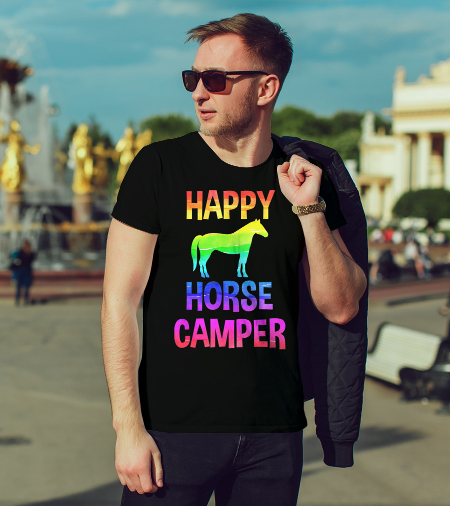 Happy Horse Camper Summer Camp Day Sleep Away Horseback Ride Rainbow T-Shirt