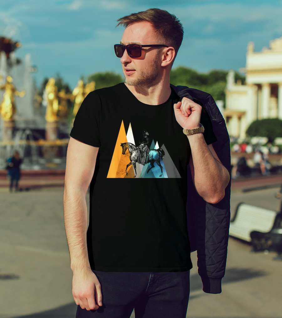 Horseback Riding Geometric Mountain Motif T-Shirt