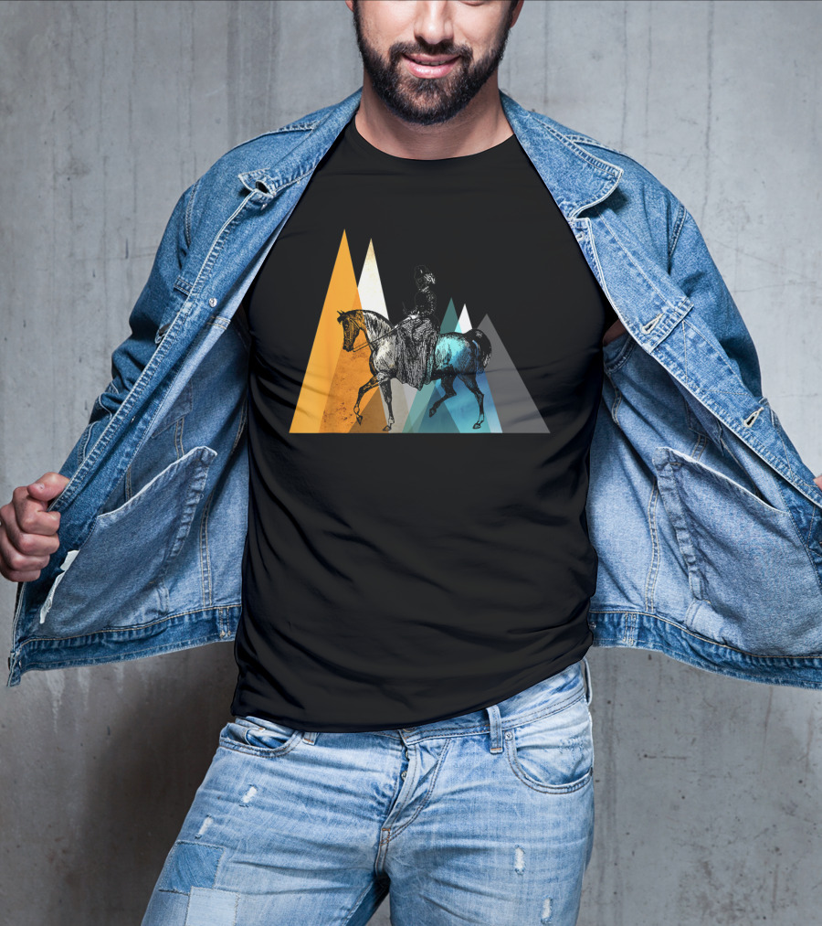 Horseback Riding Geometric Mountain Motif T-Shirt
