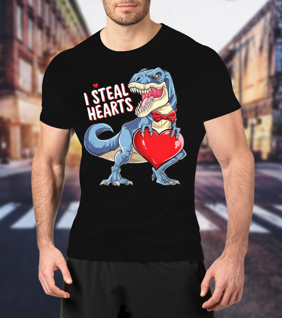 I Steal Hearts Dinosaur Rex Valentine's Day Red Bow Tie T-Shirt