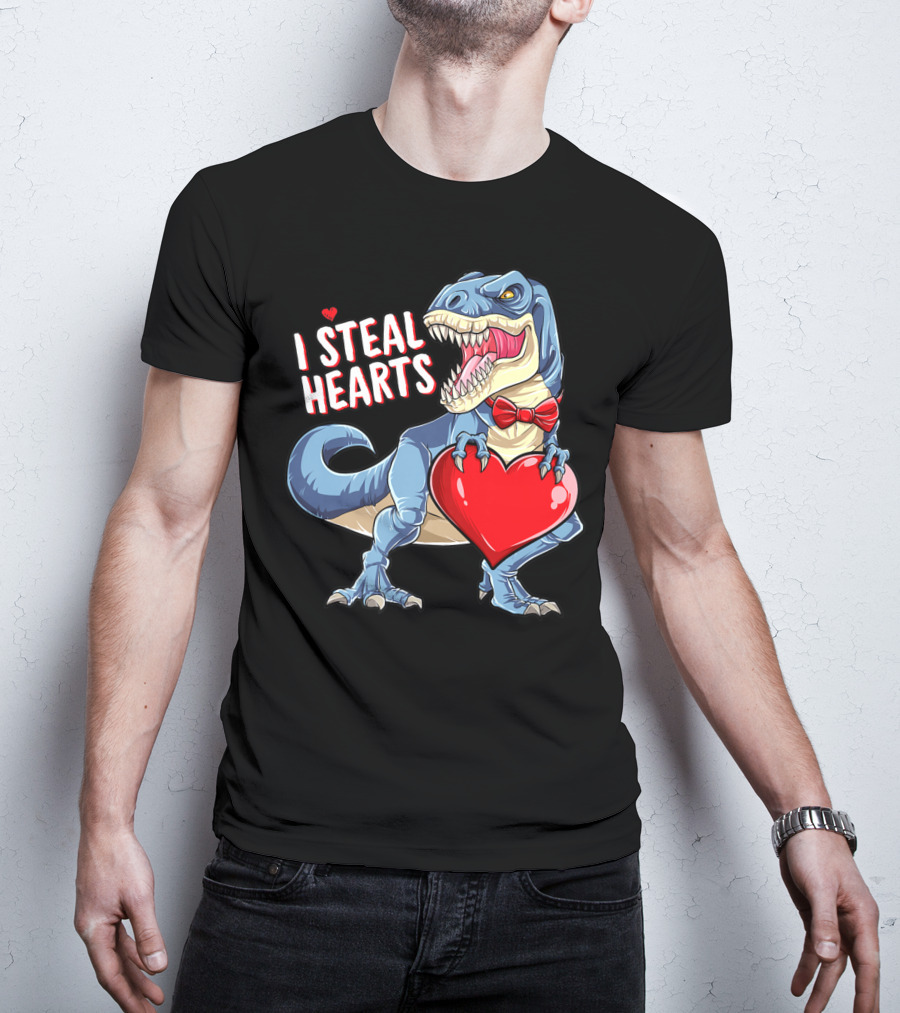 I Steal Hearts Dinosaur Rex Valentine's Day Red Bow Tie T-Shirt