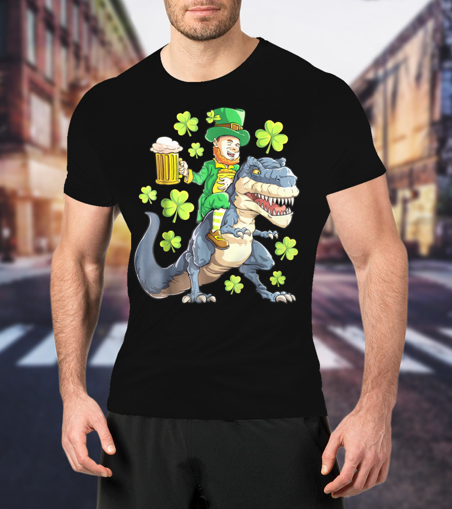 St Patricks Day Leprechaun Riding Dinosaur With Shamrocks And Beer T-Shirt