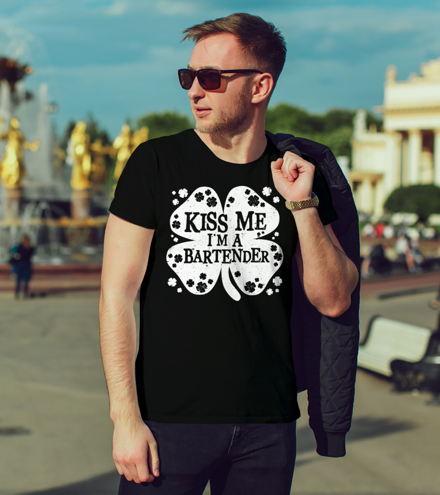 Kiss Me I'm A Bartender Four-Leaf Clover St. Patrick's Day T-Shirt