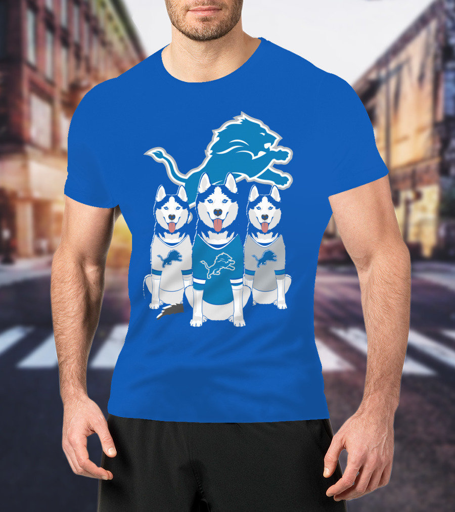 Detroit Lions Husky Trio With Iconic Blue Lion T-Shirt