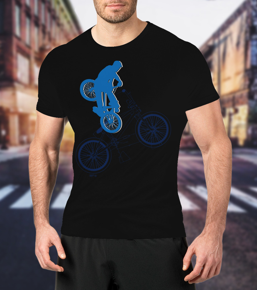 BMX Rider Blue Silhouette With Detailed Bike Blueprint T-Shirt