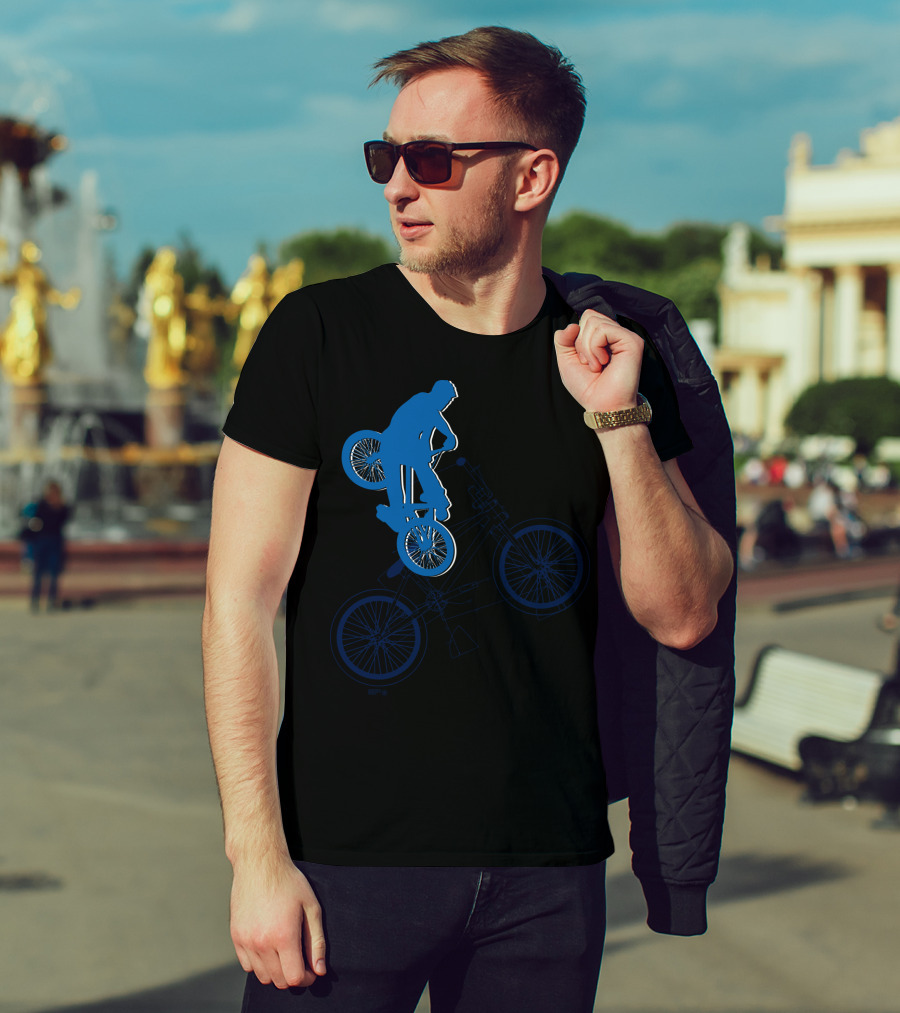 BMX Rider Blue Silhouette With Detailed Bike Blueprint T-Shirt