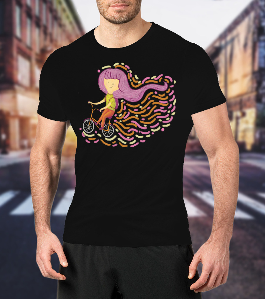 Claire Riding Bicycle With Flowing Pink Hair And Colorful Trails T-Shirt