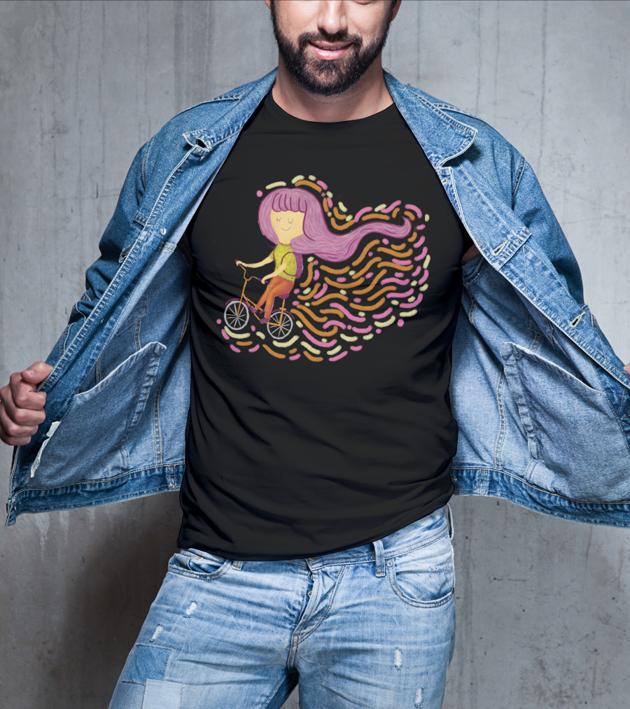 Claire Riding Bicycle With Flowing Pink Hair And Colorful Trails T-Shirt