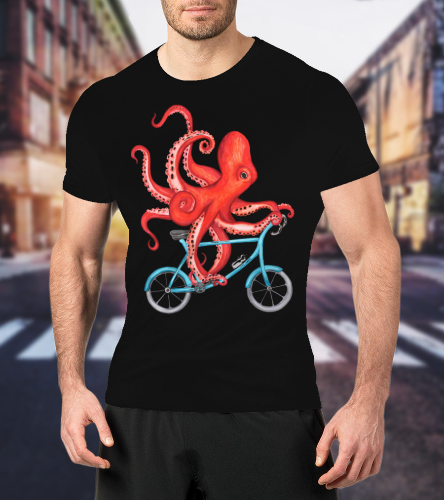 Cycling Octopus On Blue Bicycle T-Shirt