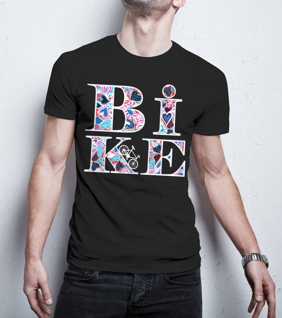 Heart Pattern Bike Typography T-Shirt