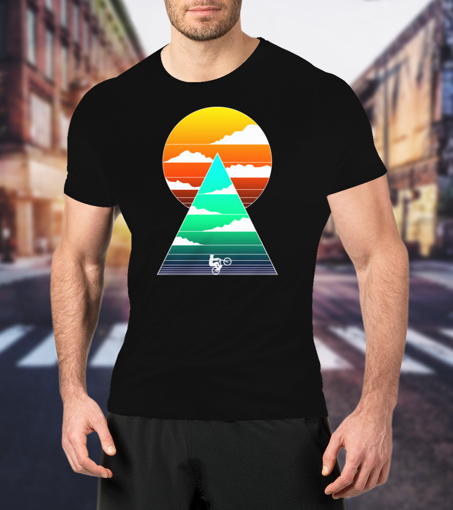 Sunset Mountain Biking Adventure In Geometric T-Shirt