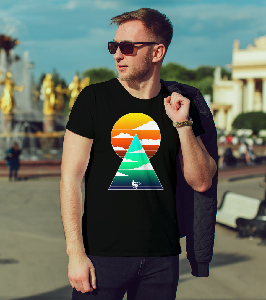 Sunset Mountain Biking Adventure In Geometric T-Shirt