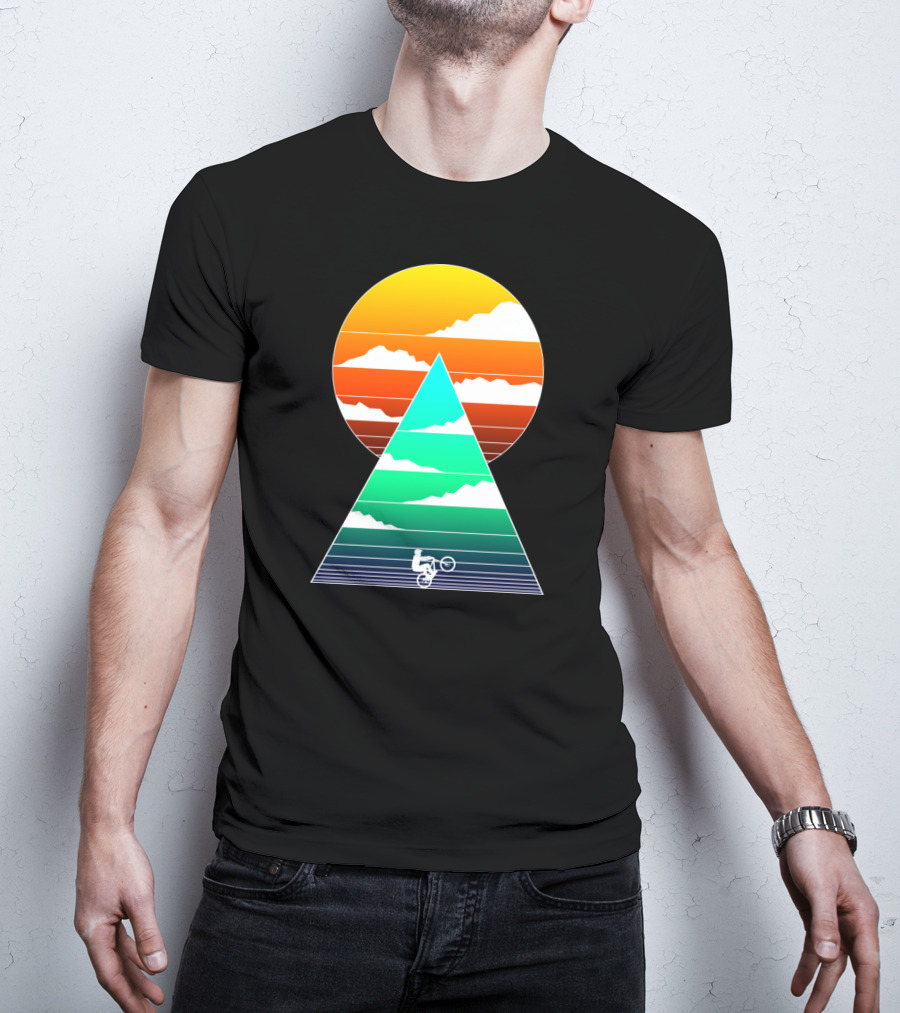 Sunset Mountain Biking Adventure In Geometric T-Shirt
