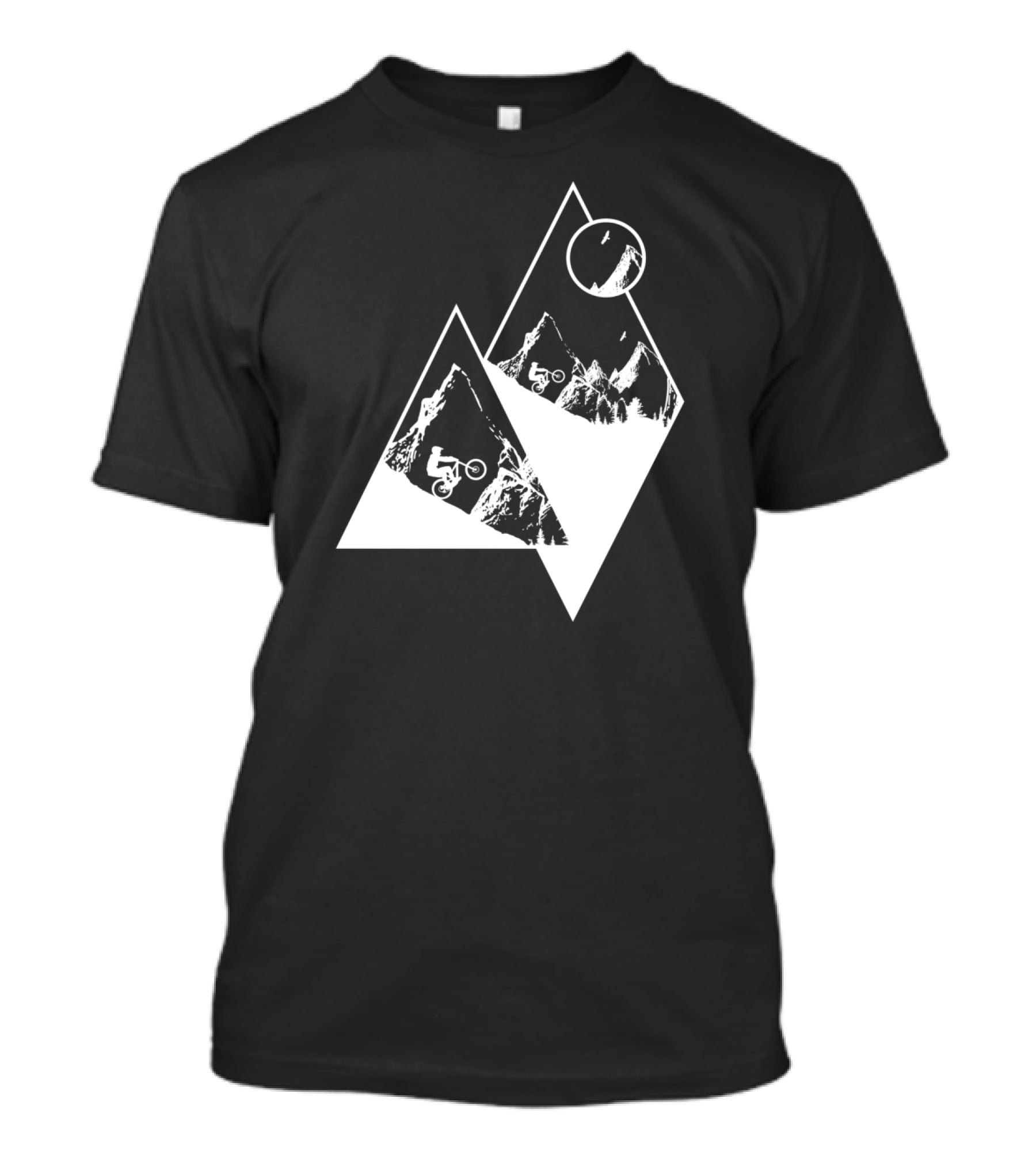 MTB Cyclist On White Mountain Peaks With Moon In Geometric T-Shirt