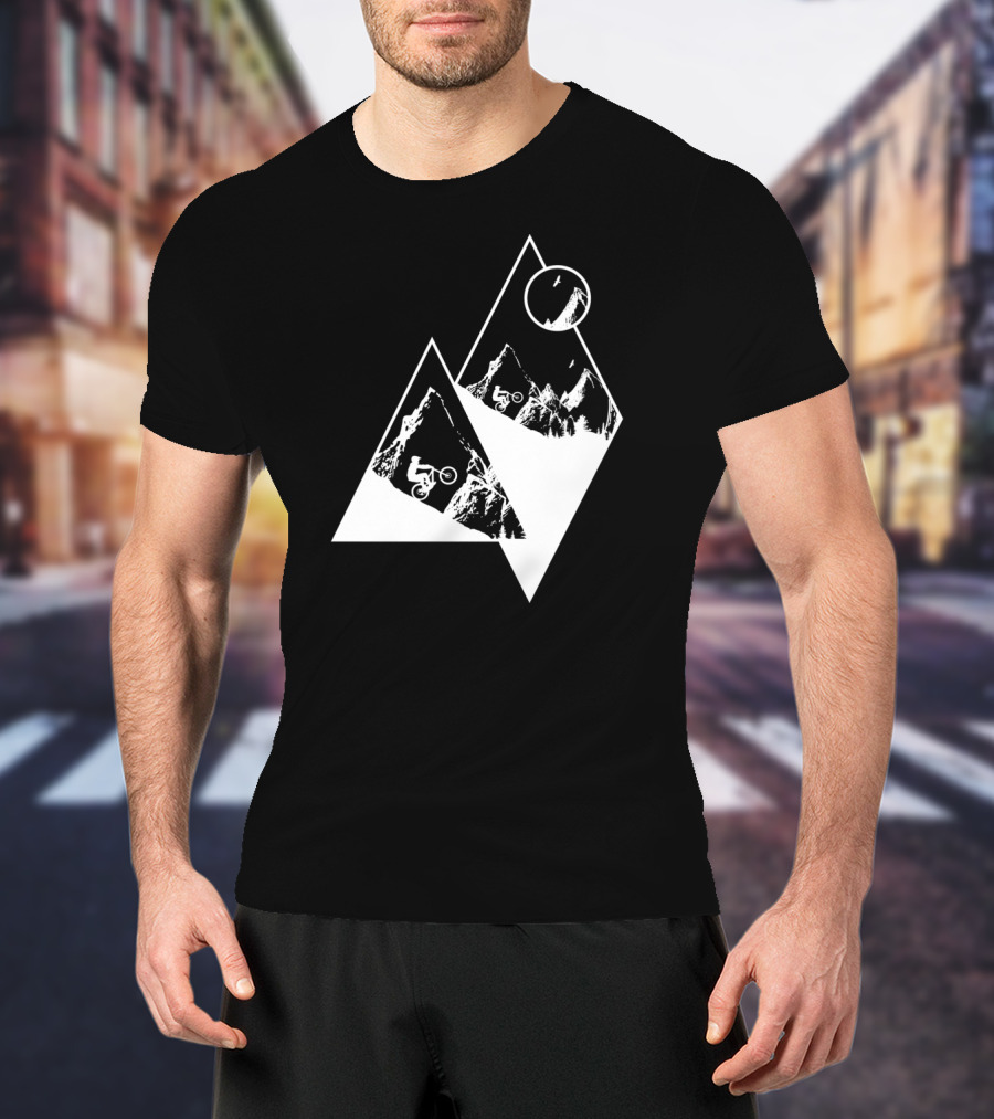 MTB Cyclist On White Mountain Peaks With Moon In Geometric T-Shirt