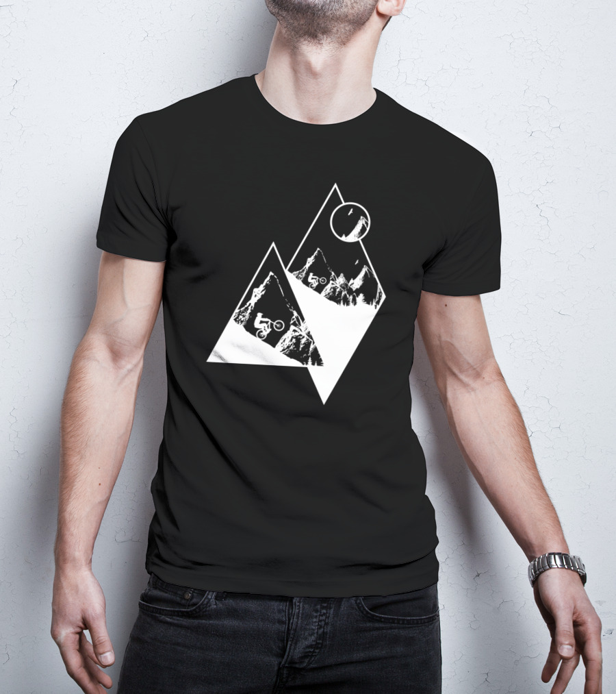 MTB Cyclist On White Mountain Peaks With Moon In Geometric T-Shirt