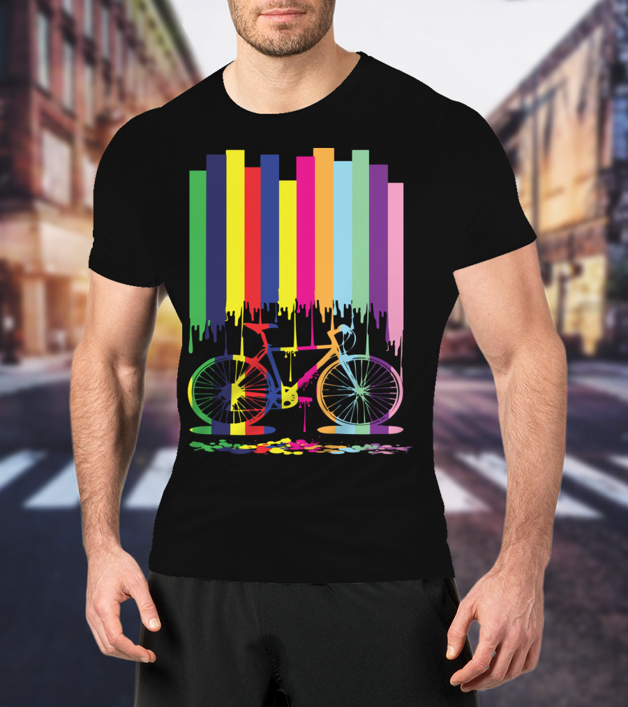 Rainbow Bicycle Dripping Paint Stripes T-Shirt