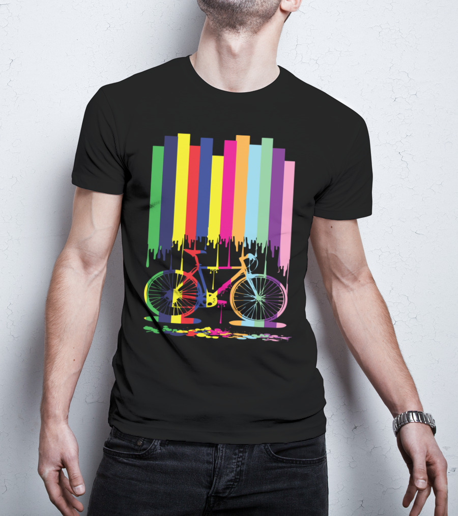 Rainbow Bicycle Dripping Paint Stripes T-Shirt