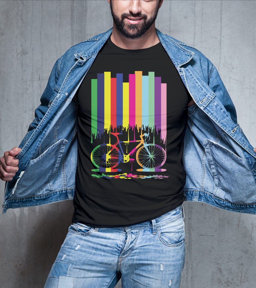 Rainbow Bicycle Dripping Paint Stripes T-Shirt