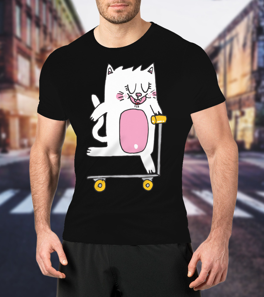 Riding The Scooter With Happy White Cat T-Shirt