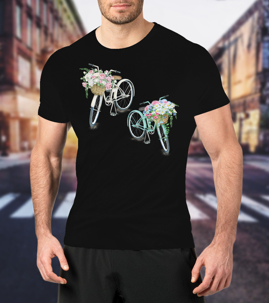 Vintage Bicycles With Flower Baskets Roses And Daisies T-Shirt