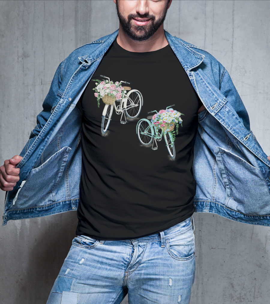 Vintage Bicycles With Flower Baskets Roses And Daisies T-Shirt