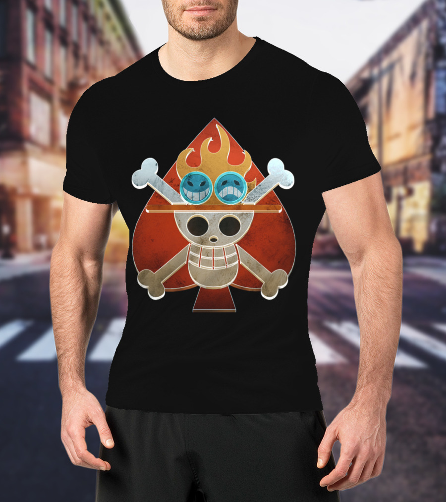 Ace One Piece Spade Pirates Jolly Roger Flame Hat T-Shirt
