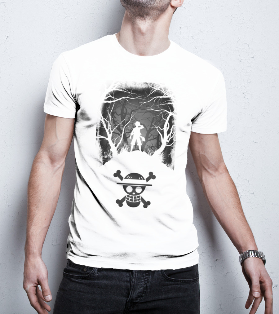 Luffy Silhouette In The Woods With Straw Hat Pirate Skull T-Shirt