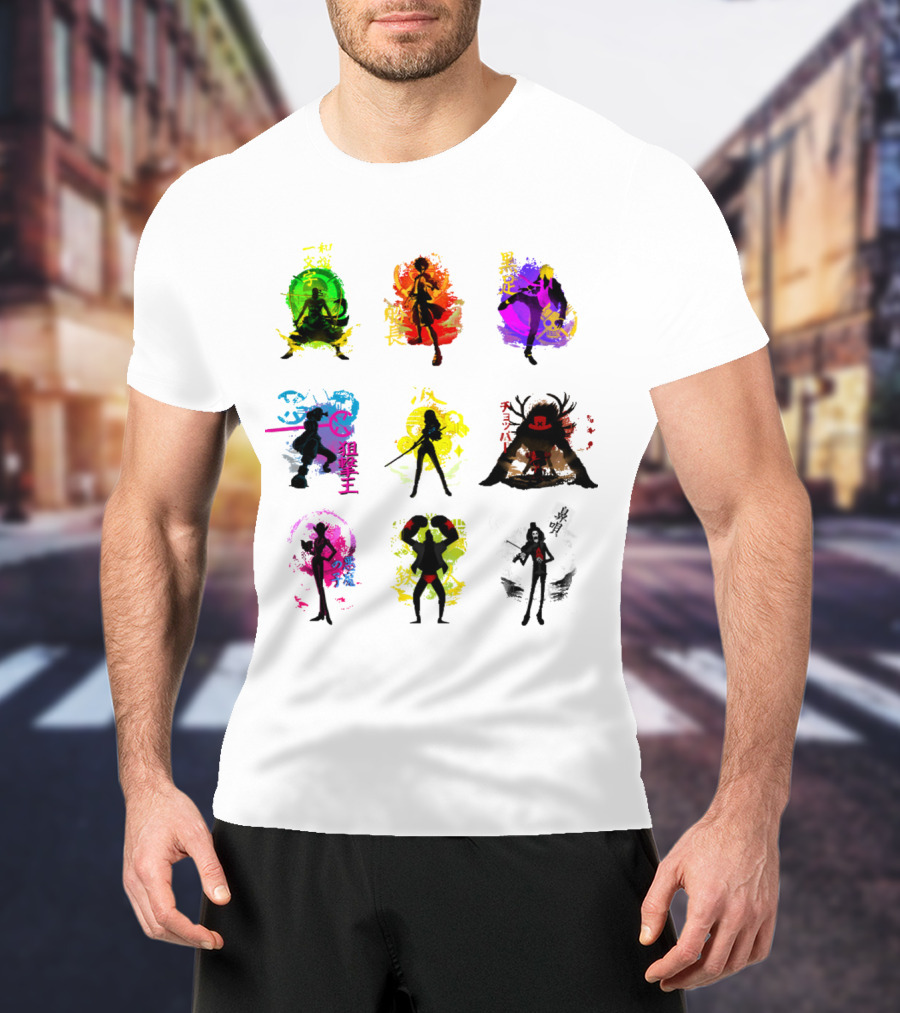 Anime Pirates Straw Hat Crew Silhouettes Japanese Text Colors T-Shirt
