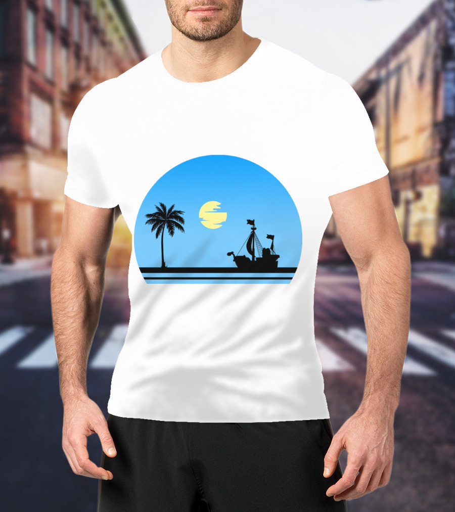 Going Merry Ship Silhouette Sunrise With Palm Tree And Sun T-Shirt