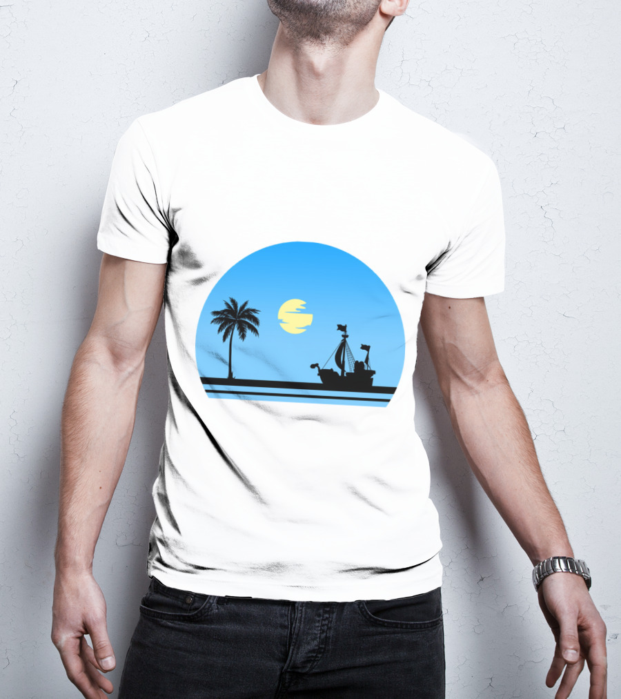 Going Merry Ship Silhouette Sunrise With Palm Tree And Sun T-Shirt