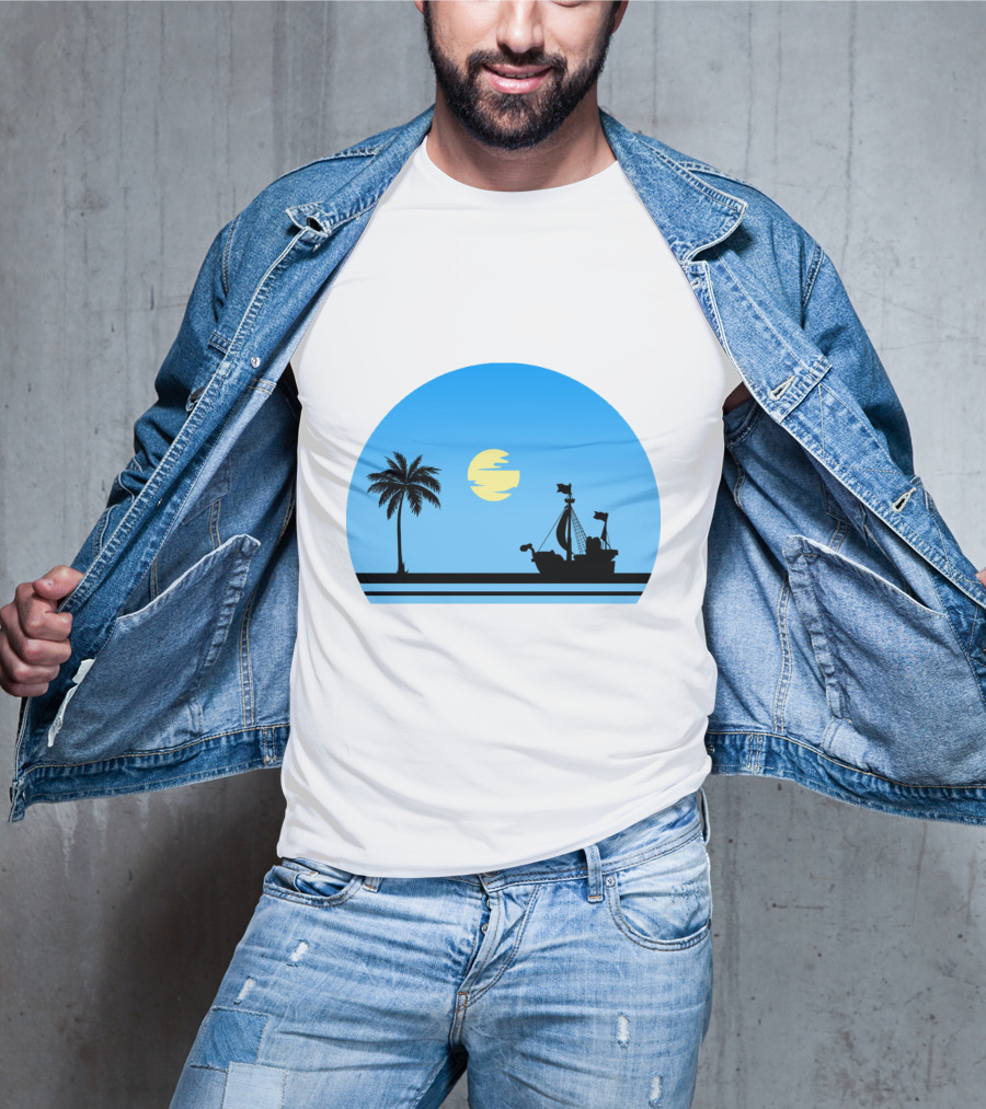 Going Merry Ship Silhouette Sunrise With Palm Tree And Sun T-Shirt