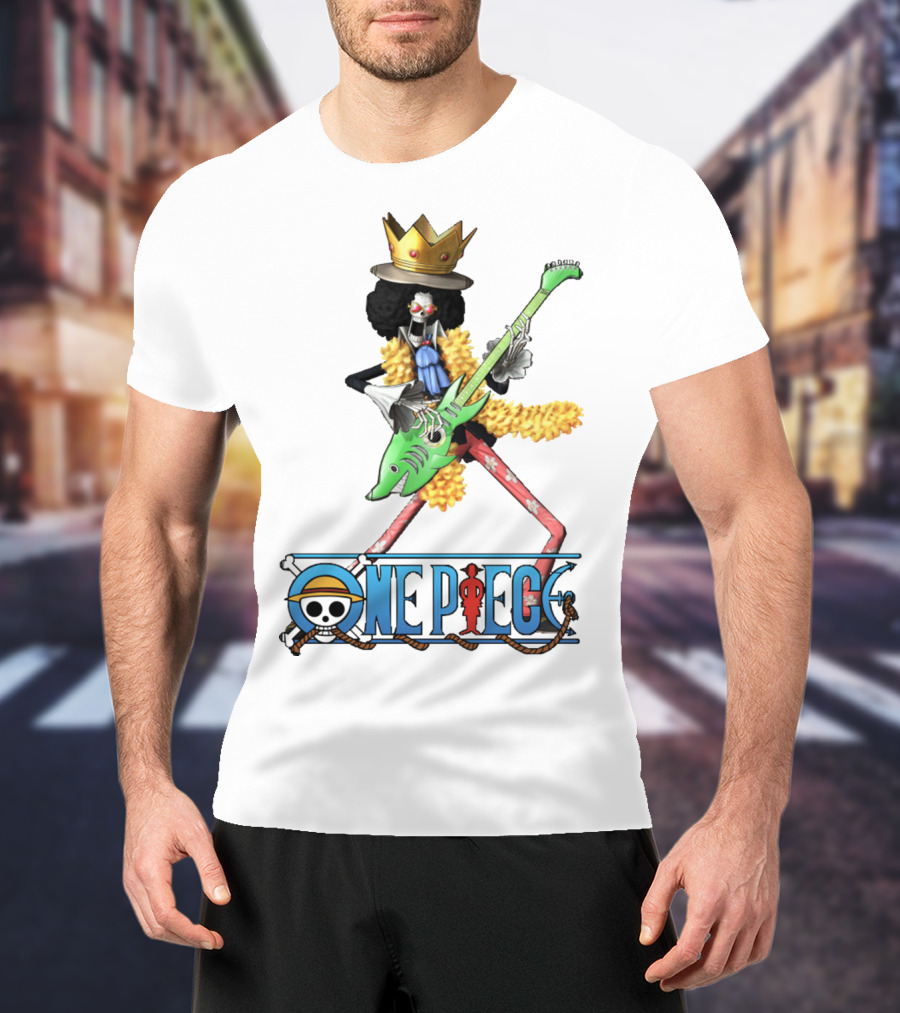 One Piece Brook Playing Guitar With Crown And Yellow Feather Boa T-Shirt