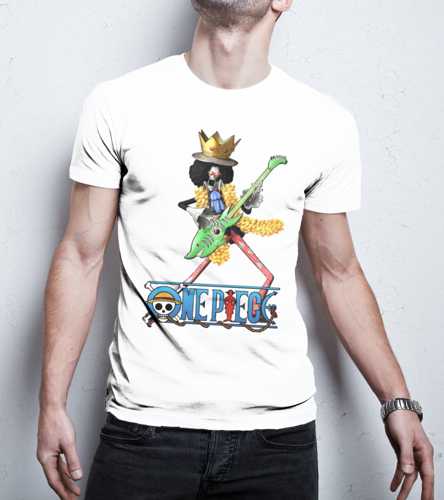 One Piece Brook Playing Guitar With Crown And Yellow Feather Boa T-Shirt