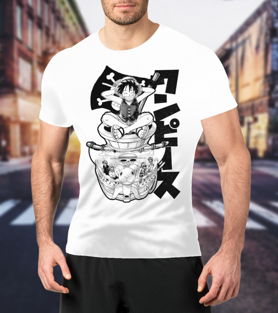 Luffy On Going Merry With Straw Hat Pirates Crew And Jolly Roger Flag T-Shirt