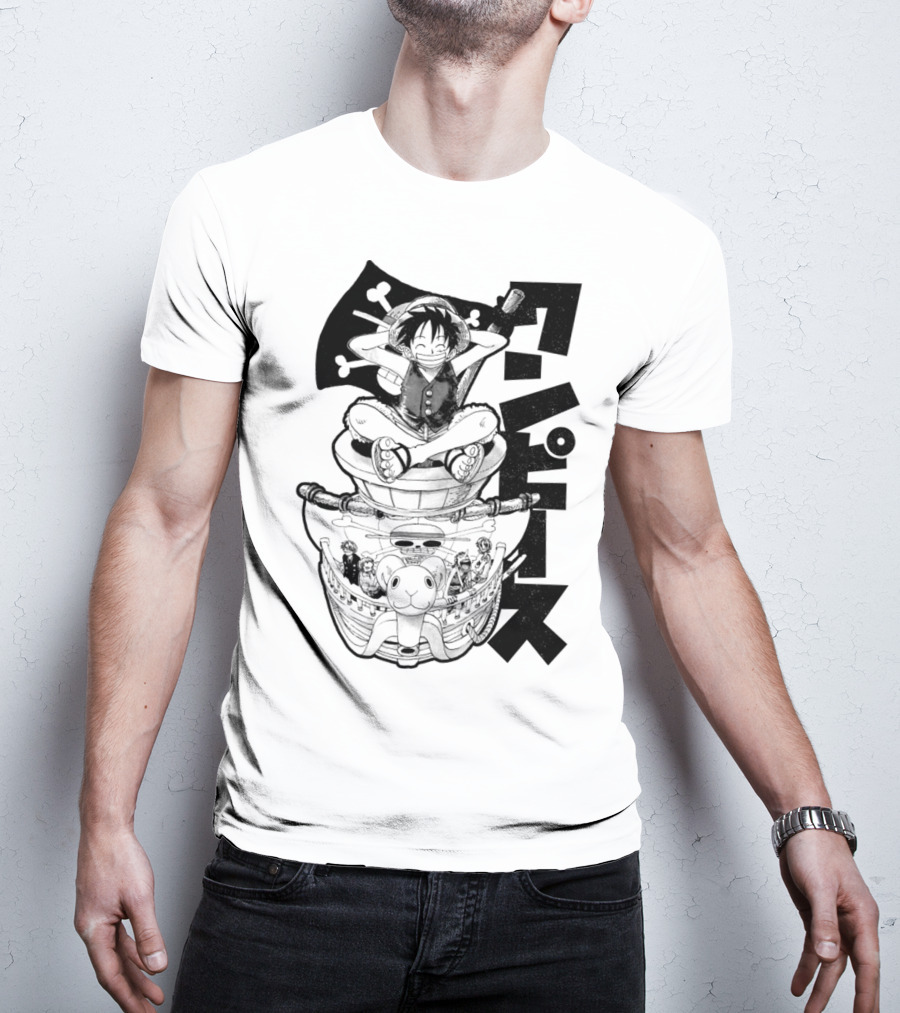 Luffy On Going Merry With Straw Hat Pirates Crew And Jolly Roger Flag T-Shirt