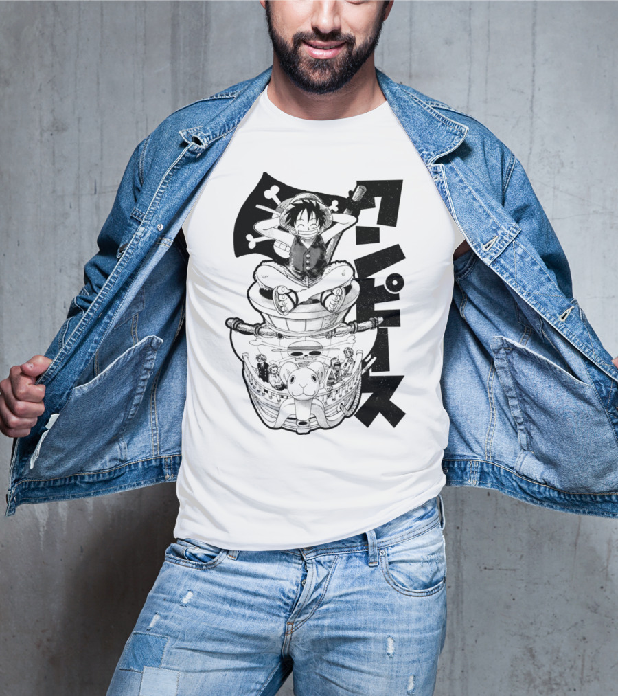 Luffy On Going Merry With Straw Hat Pirates Crew And Jolly Roger Flag T-Shirt