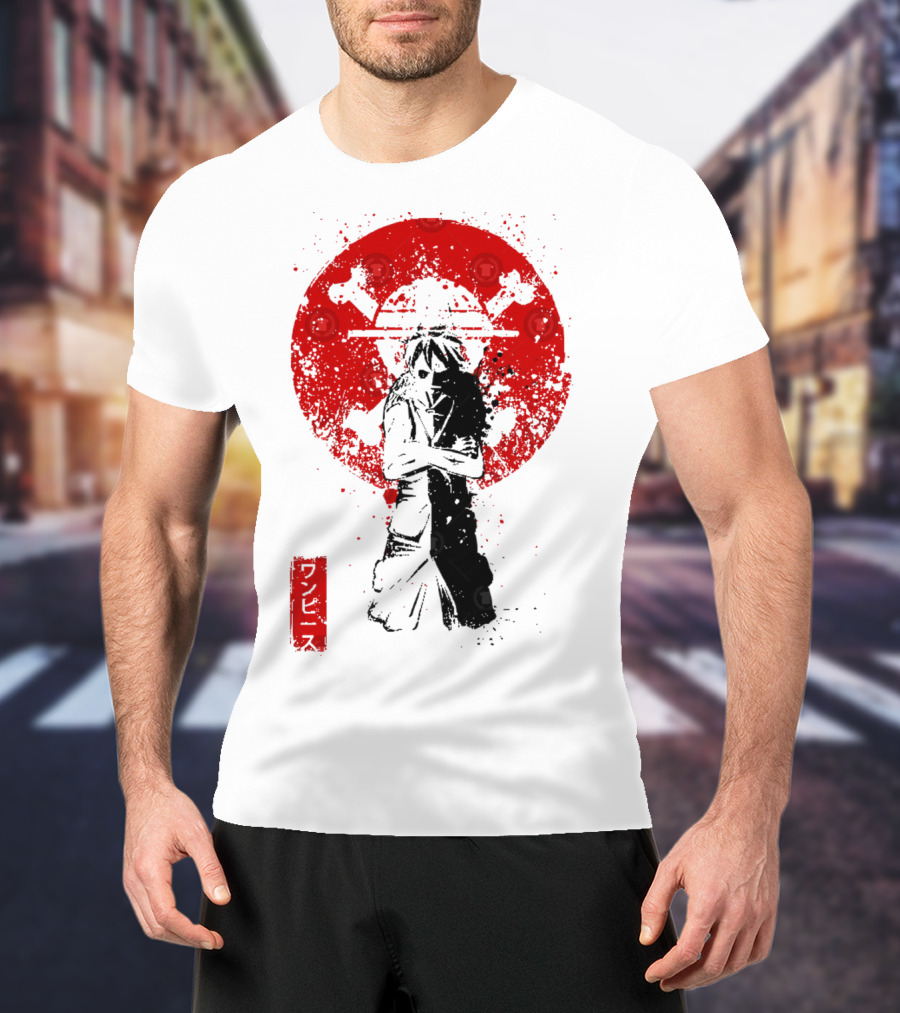 One Piece Pirate's King Splat­ter Japanese Text And Crossbones Red Circle T-Shirt
