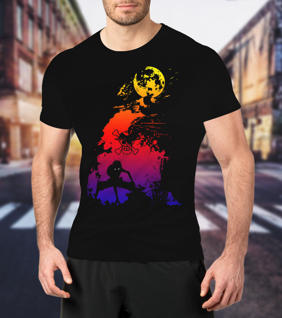 Monkey D. Luffy Shadow Art With Straw Hat Pirate Emblem And Moon T-Shirt