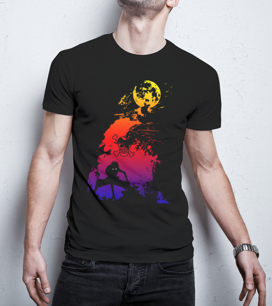 Monkey D. Luffy Shadow Art With Straw Hat Pirate Emblem And Moon T-Shirt