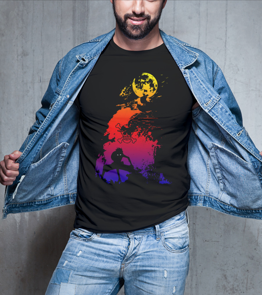 Monkey D. Luffy Shadow Art With Straw Hat Pirate Emblem And Moon T-Shirt